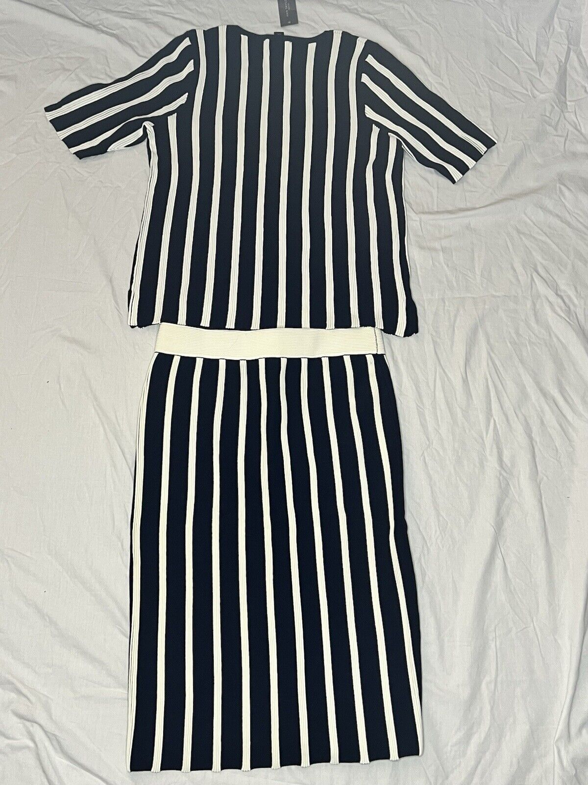 Ann Taylor Sweater Set Top & Skirt Navy & White Pin Stripped Petite.