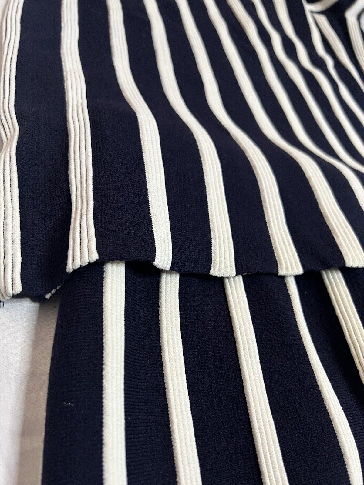 Ann Taylor Sweater Set Top & Skirt Navy & White Pin Stripped Petite.